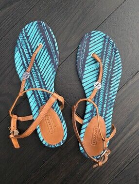 Coach Turquoise Patterned Footbed Tan Leather T-Strap Sandals